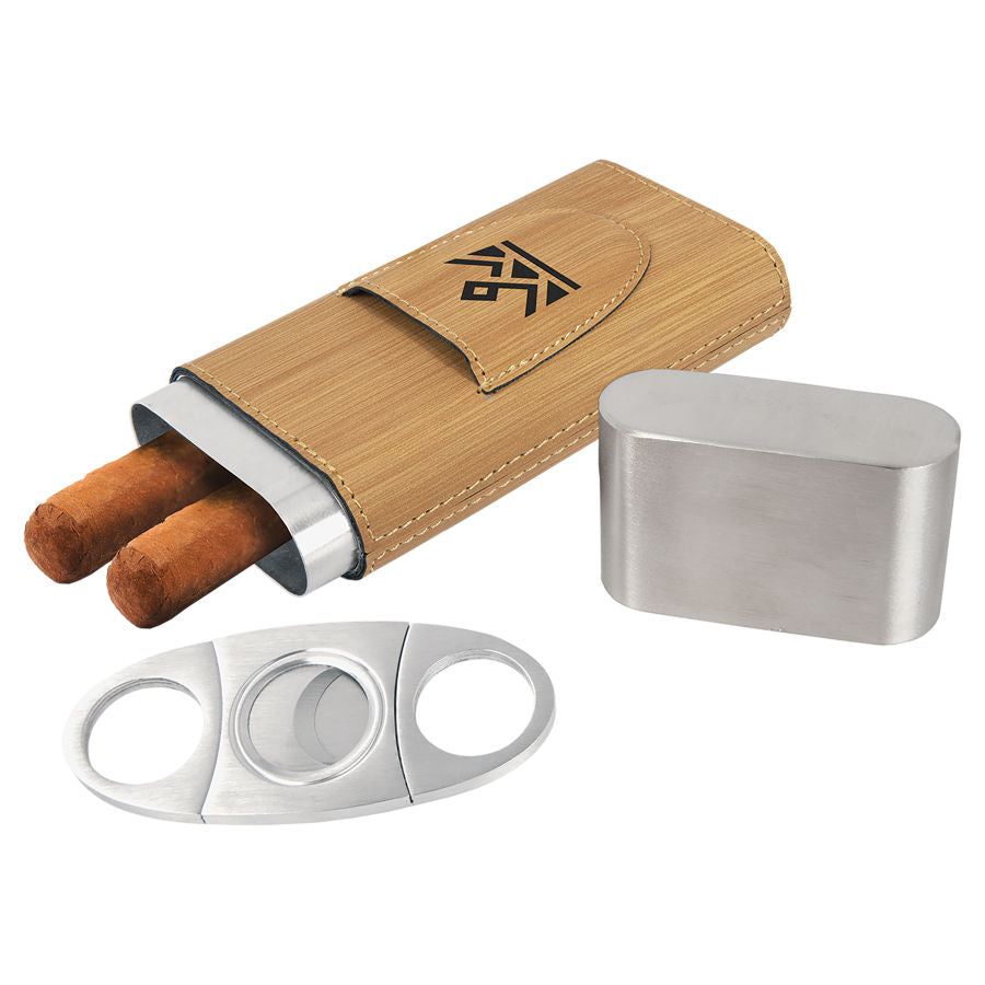 Bamboo Laserable Leatherette Cigar Case with Cutter