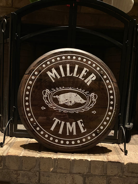 Whiskey barrel lid engraved